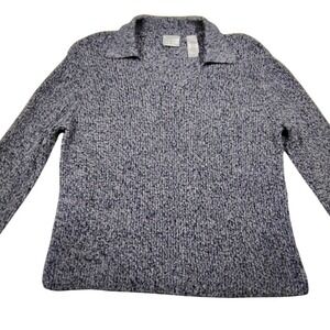 Villager Sport Liz Claiborne Blue White Marled Cotton Polo Sweater Womens Large